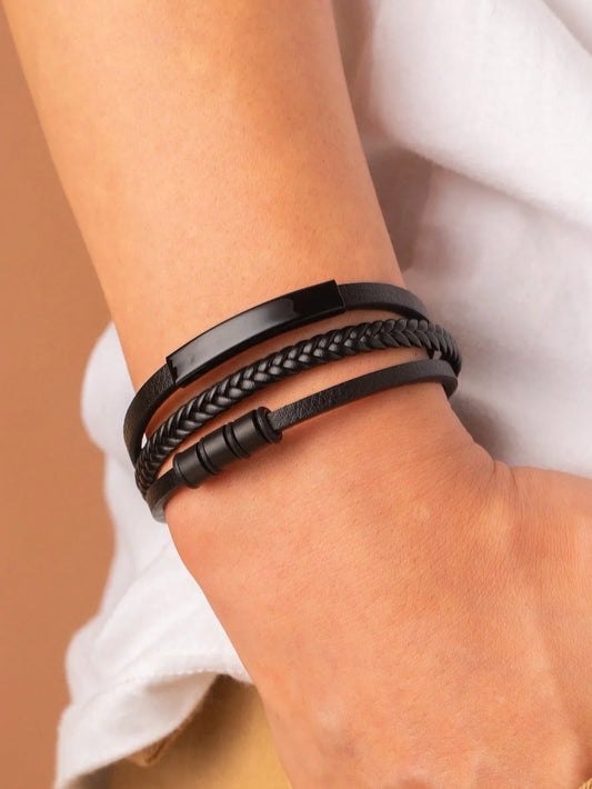 Stylish Business Pu Leather Metal Gentlemen's Bracelet Suitable For Holiday Birthday Gifts - KHOY