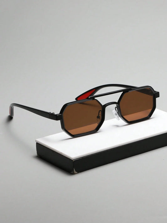 Pair of metal geometric-frame sunglasses, featuring a casual fashion style perfect for summer parties, beach outings, outdoor activities, travel, and back-to-school with an upscale preppy look — designed to be unisex. - KHOY