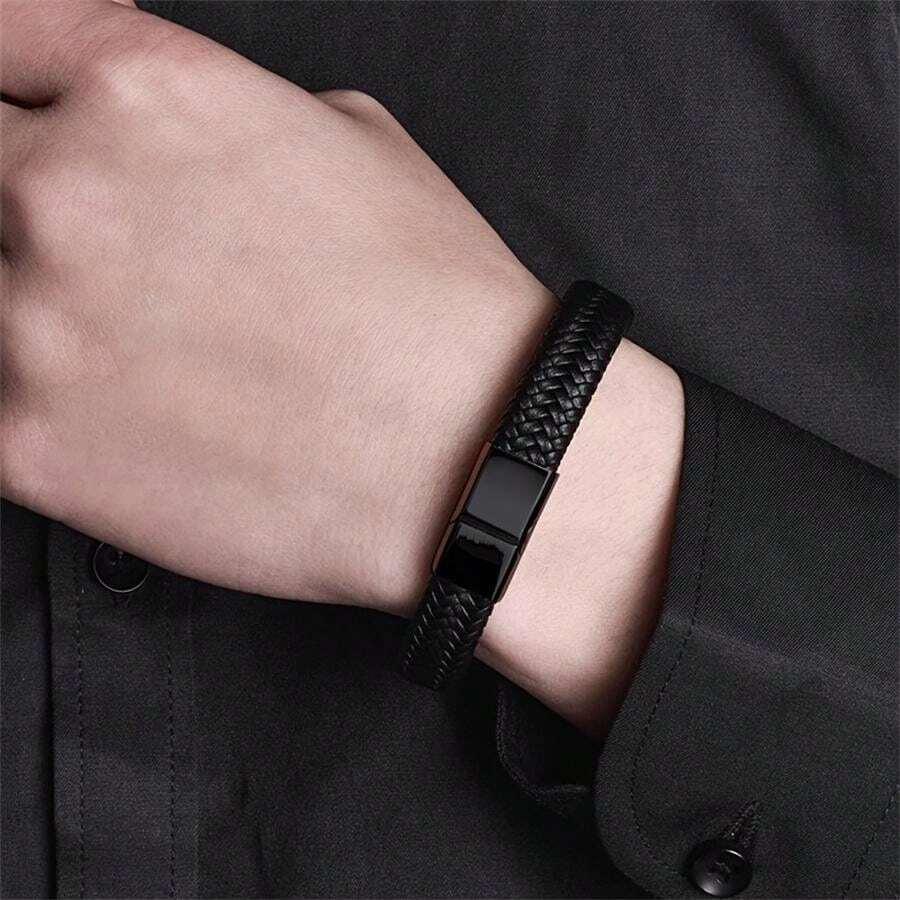 Classic Black Leather Bracelet For Men, With Metal Magnetic Clasp, Handsome Business Gifts - KHOY