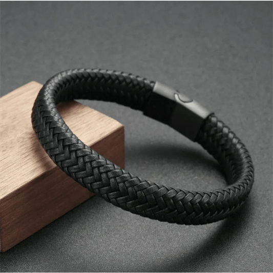 Classic Black Leather Bracelet For Men, With Metal Magnetic Clasp, Handsome Business Gifts - KHOY