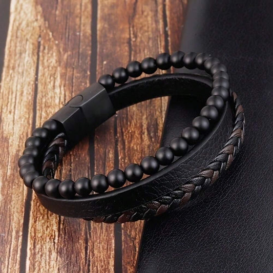 1 Black synthetic leather bracelet with magnetic clasp for men – stylish and versatile, perfect for daily wear, Christmas, New Year, and Valentine’s Day gifts. - KHOY