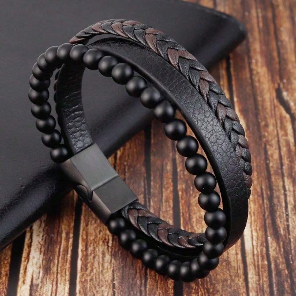 1 Black synthetic leather bracelet with magnetic clasp for men – stylish and versatile, perfect for daily wear, Christmas, New Year, and Valentine’s Day gifts. - KHOY