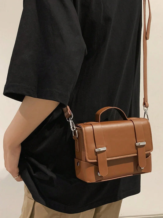 Adjustable Strap Flap Closure Plain Color Shoulder Bag, Casual Retro Business Commuting Waterproof PU Mini Messenger Crossbody Bag Christmas Men Bag Vacation Dad Gifts Retro Bag Pack Cross Body Bag Spring Vintage Bags School Supplies Mini B - KHOY