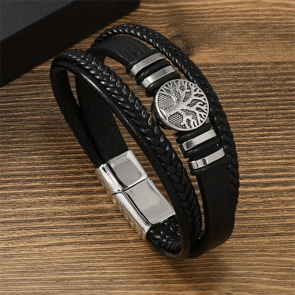 Creative Magnetic Clasp PU Leather Bracelet, Tree Of Life Metal Charm Braided Wristband, Multifunctional Bracelet For Men, Father's Day Gift - KHOY