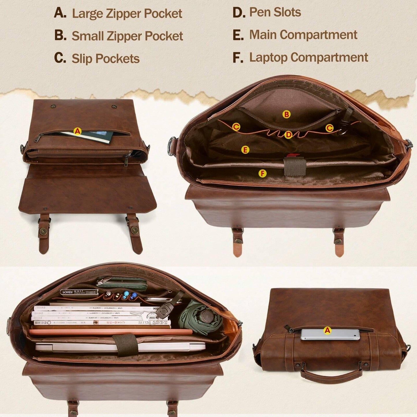 Messenger Bag 15.6 Inch Vintage Leather Water-Proof Laptop Briefcase Large Computer Laptop Bag Leather Satchel Bag Retro Shoulder Bag For Office Business Travel College Christmas Gift Tote Bag Goyard Clutch Handbags Vacation Side Bags Leather Bag H - KHOY