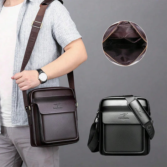 Men's Professional Shiny Leather Messenger Bag, Suitable For Business Travel, Men's Fashion Black Synthetic Leather Crossbody Bag - Adjustable Strap, Multi-Compartment Business Casual Shoulder Bag With Embossed Dinosaur Logo, Suitable For Office Use, Mult - KHOY