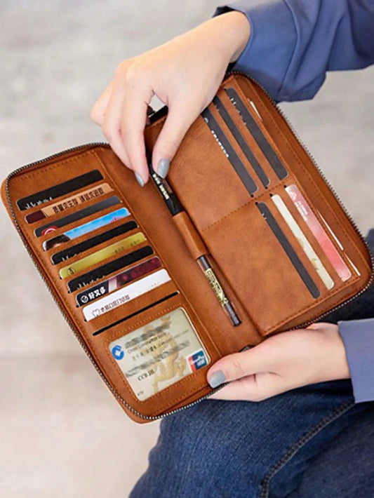 New Waxed Leather Long Zip Clutch Bag, Spacious & Casual Fashion Gifts Fall Christmas Scream Men Bag Wallet Hand Bag Men Zipper Bag Fashionable Casual Thanksgiving Travel Winter Purse Holiday Wash Bag Old Money Multi Card Clutch Bag Long Wallet Light Busi - KHOY