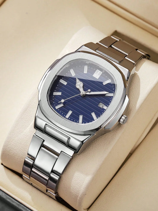 Men’s quartz analog wristwatch with square calendar display, simple stainless steel design, business style, without watch box. - KHOY