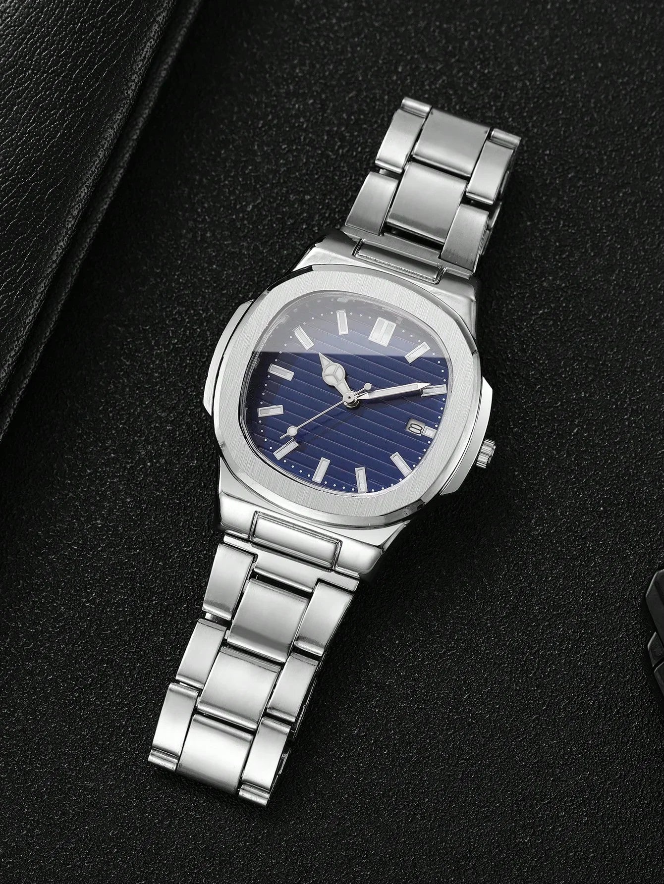 Men’s quartz analog wristwatch with square calendar display, simple stainless steel design, business style, without watch box. - KHOY