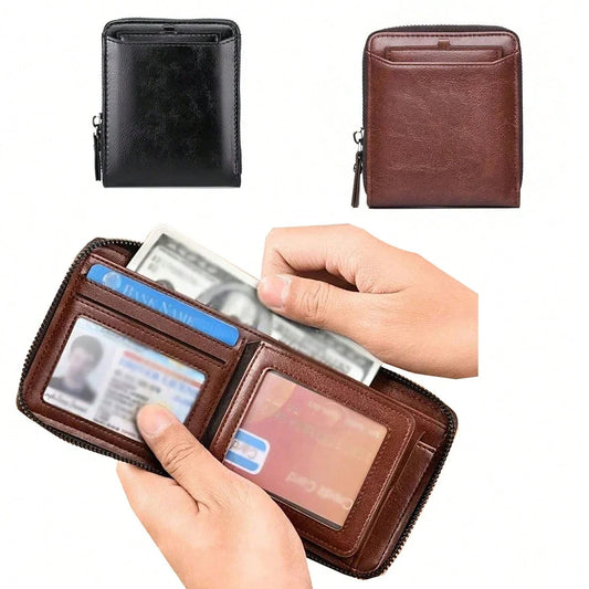 Multi-functional anti-theft card wallet made of solid-color polyurethane leather, featuring a zipper closure for storing cards and coins. - KHOY