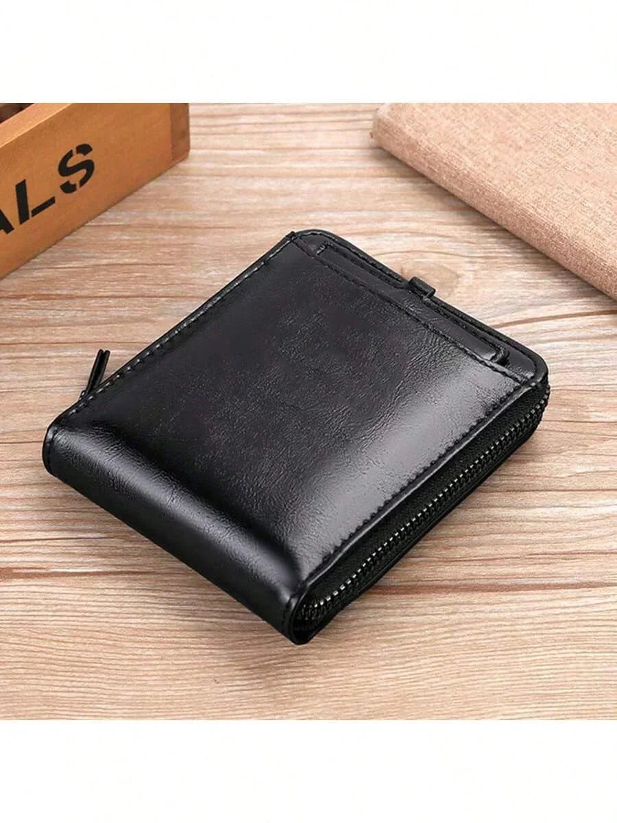 Multi-functional anti-theft card wallet made of solid-color polyurethane leather, featuring a zipper closure for storing cards and coins. - KHOY