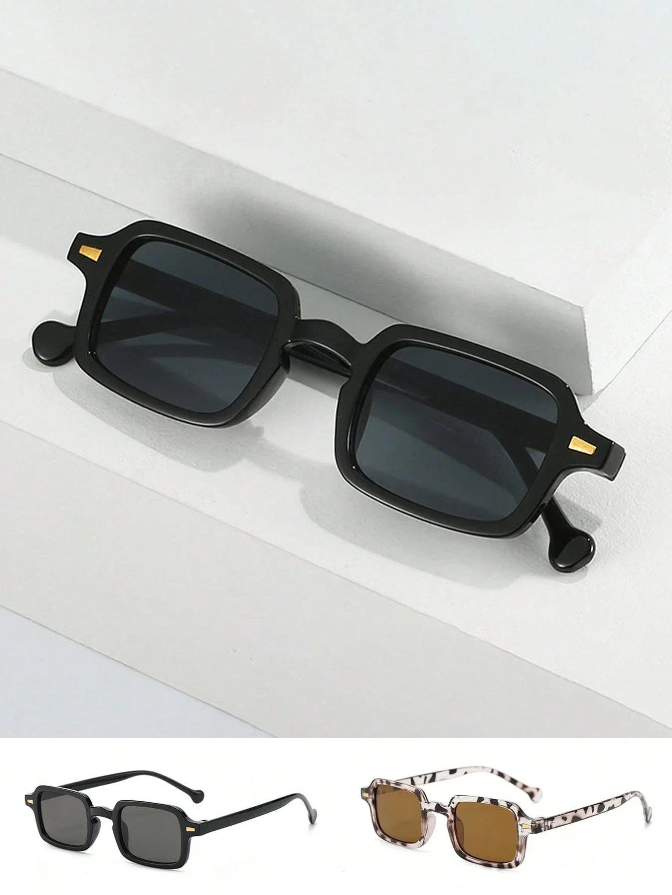 2pcs Men's And Women's Casual Square Sunglasses, Narrow Frame Rivet Fashion Glasses, Suitable For Summer Sun Protection, Beach Vacation, Outdoor Sports, Party, Mountain Climbing, Fishing, Shopping And Taking Photos Accessories - KHOY