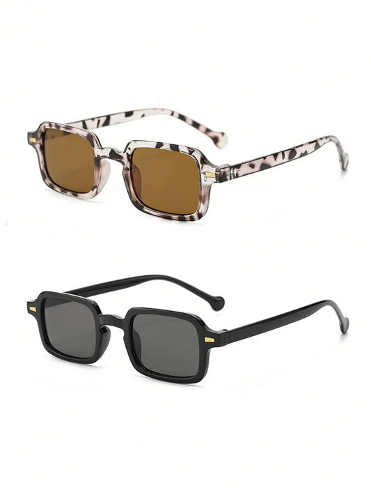 2pcs Men's And Women's Casual Square Sunglasses, Narrow Frame Rivet Fashion Glasses, Suitable For Summer Sun Protection, Beach Vacation, Outdoor Sports, Party, Mountain Climbing, Fishing, Shopping And Taking Photos Accessories - KHOY