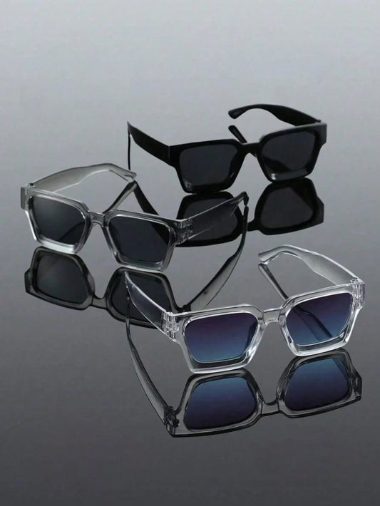 3-piece set of men’s square plastic sunglasses with a modern minimalist retro style — suitable for family outings, casual wear, business, boating, and beach parties. - KHOY