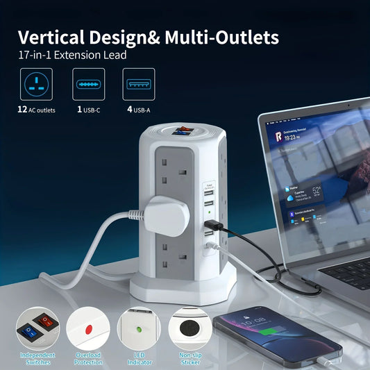 1pc Tower Extension Lead With USB Slots 1.8M And 18W USB C Fast Charger, (13A 3250W) 5 USB Ports And 12 Way Extension Tower, Surge Protection Extension Lead With Switch, Extension Cable For Home, Office - KHOY