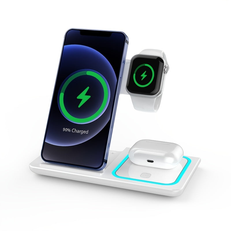 3 In 1 Fast Charging Station, Folding Wireless Charger Stand For IPhone 14, 13, 12, 11/Pro/Max/Mini/Plus, X, XR, XS/Max, SE, 8/Plus, For IWatch 1-8, For Airpods 3/2/Pro - KHOY
