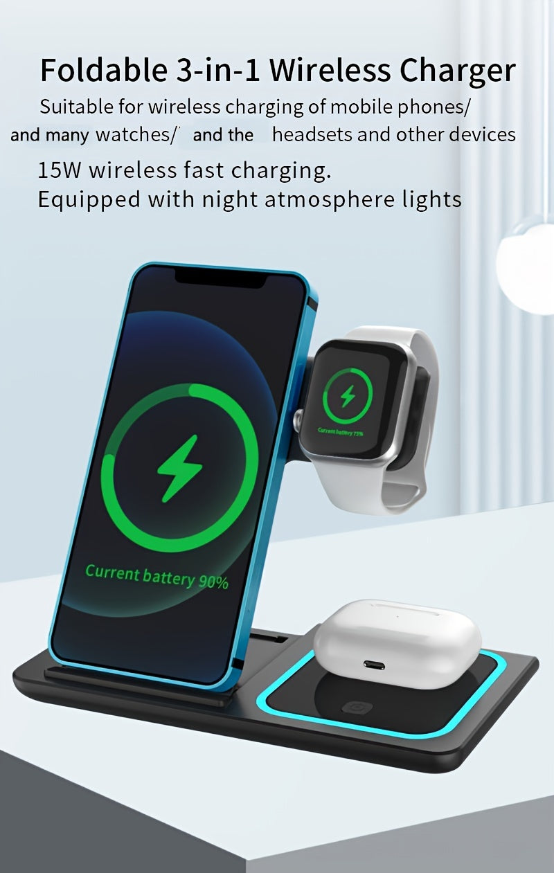 3 In 1 Fast Charging Station, Folding Wireless Charger Stand For IPhone 14, 13, 12, 11/Pro/Max/Mini/Plus, X, XR, XS/Max, SE, 8/Plus, For IWatch 1-8, For Airpods 3/2/Pro - KHOY