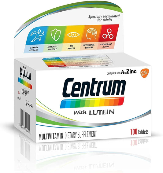 Centrum with Lutein, A to Zinc supplements for Adults with Vitamin B, C, D, Minerals, Nutrients and Trace Elements, 100 tablets - KHOY
