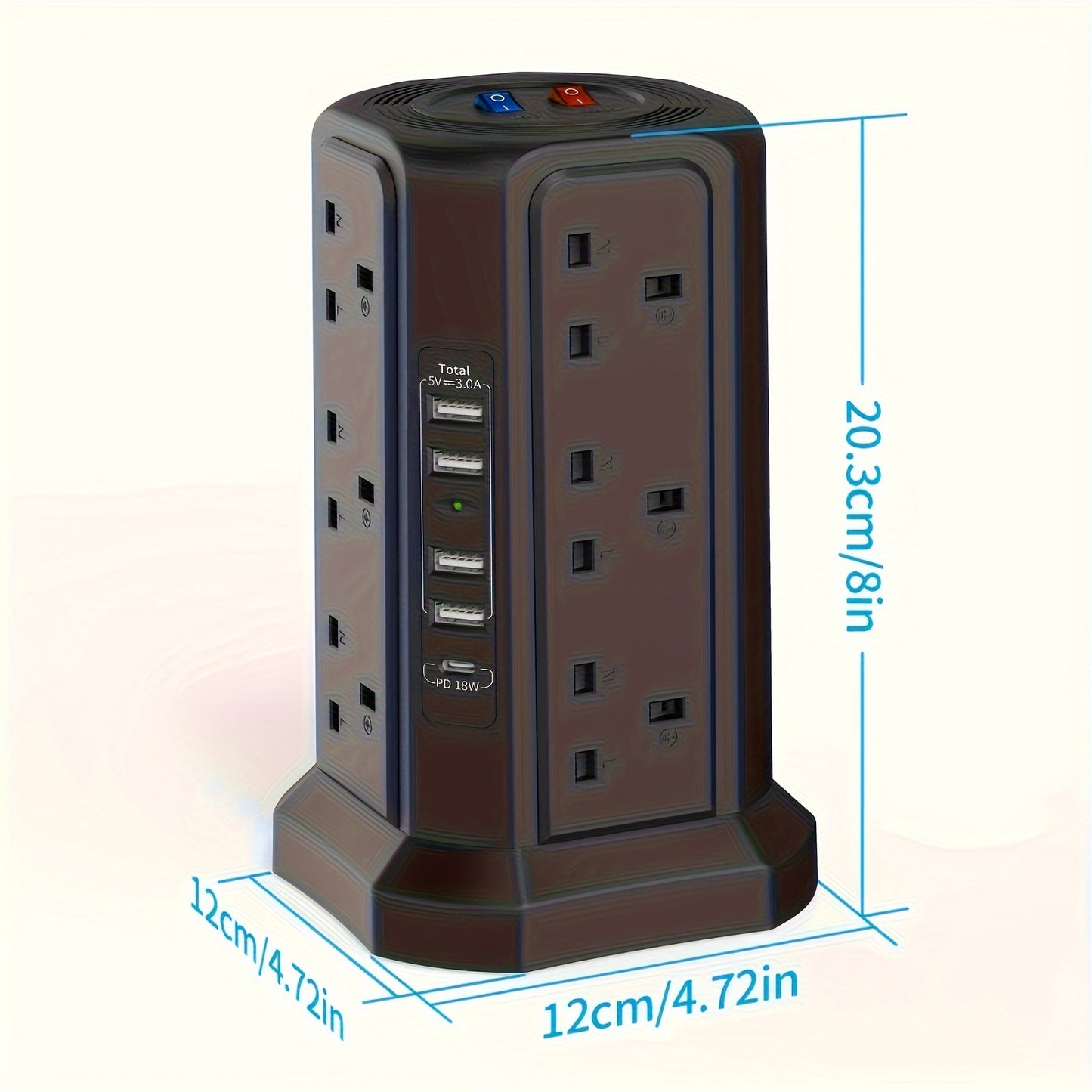 1pc Tower Extension Lead With USB Slots 1.8M And 18W USB C Fast Charger, (13A 3250W) 5 USB Ports And 12 Way Extension Tower, Surge Protection Extension Lead With Switch, Extension Cable For Home, Office - KHOY