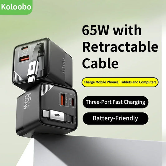 65W GaN Fast Charger Three-Port USB-C Charging Head Built-in 80cm Retractable TypeC Cable for iPhone16 15 14 13 Xiaomi Samsung - KHOY