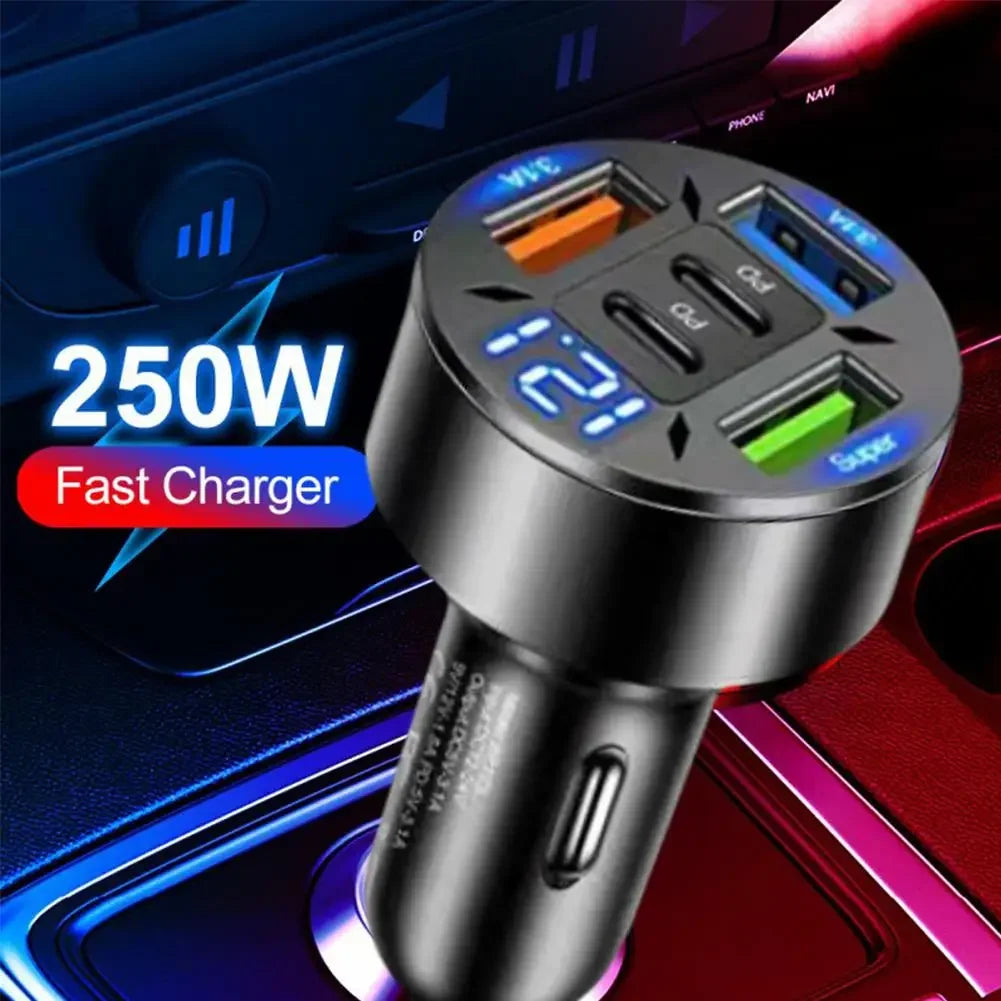 250W 5 Ports Car Charger Fast Charging PD QC3.0 USB C Car Phone Charger Type C Adapter In Car For IPhone - KHOY
