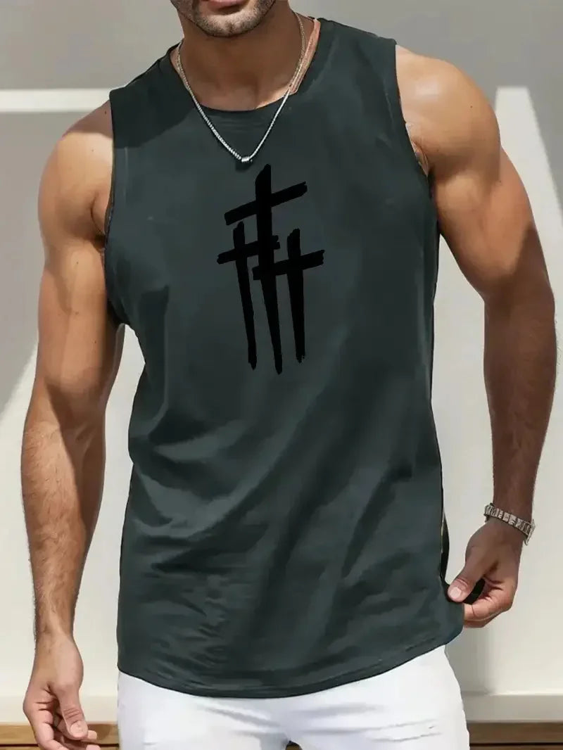 Summer Simple Letter Print Men's Round Neck Tank Top Gym Fitness Training Sports Vest Plus Size Man Sleeveless Shirt Casual Tees - KHOY
