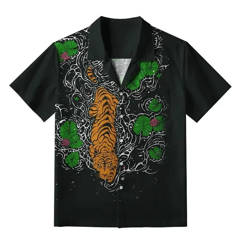 Hawaiian Shirt Man Holiday Casual Loose Beach Fashion Tiger Printed Shirt Hawaii Funny Oversized Breathable Buttons Clothes Tops - KHOY
