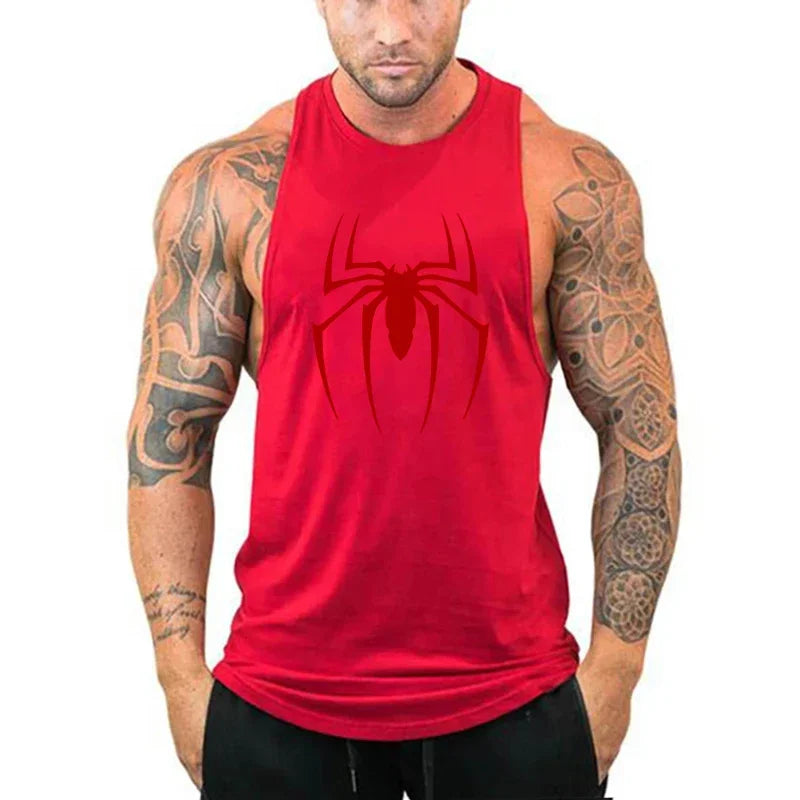 Red Spider Printed Running Tank Tops Gym Fitness Cotton Breathable Sleeveless T-Shirt Mens Bodybuilding Loose Training Clothing - KHOY