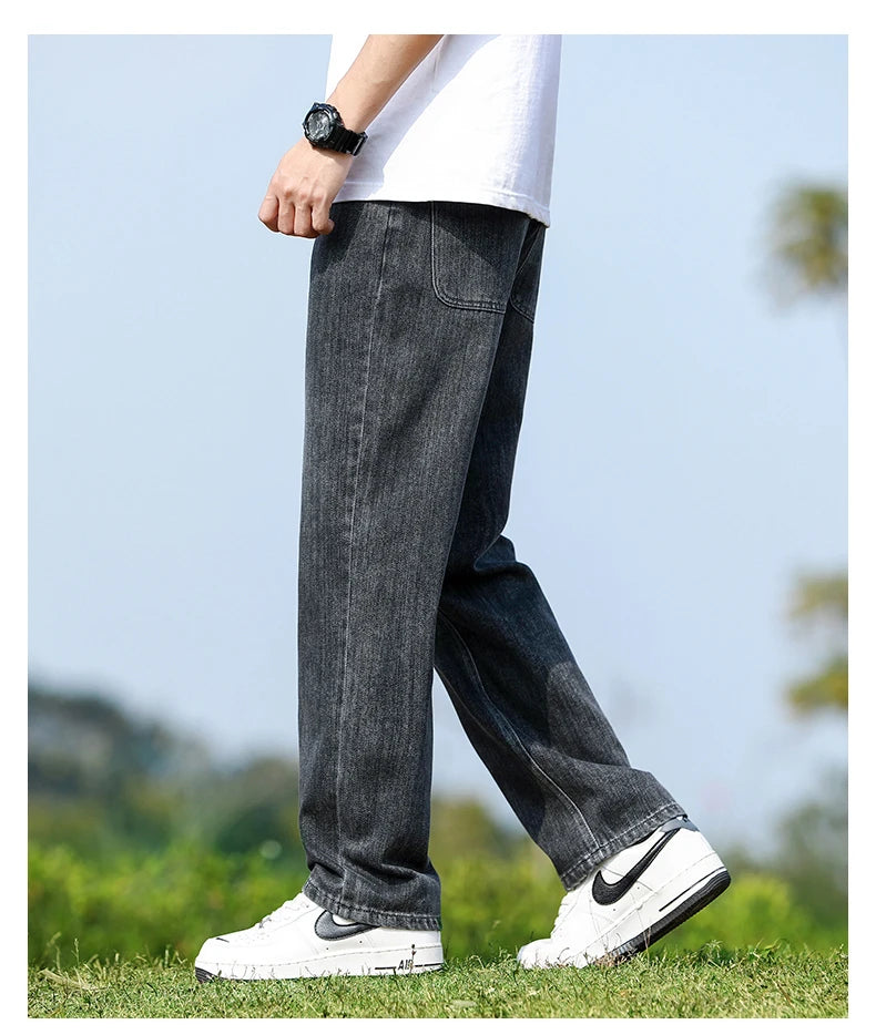 Men's Straight-Leg Jeans, Minimalist for All Seasons, Loose with Drape, Narrow-Wide Leg, Retro Casual Long Pants, Sizes 28-38 - KHOY