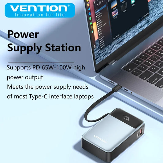 Vention Power Bank 20000mAh 65W PD Fast Charger with Built-in Type-C Cable External Spare Battery Portable Power Bank for Laptop - KHOY
