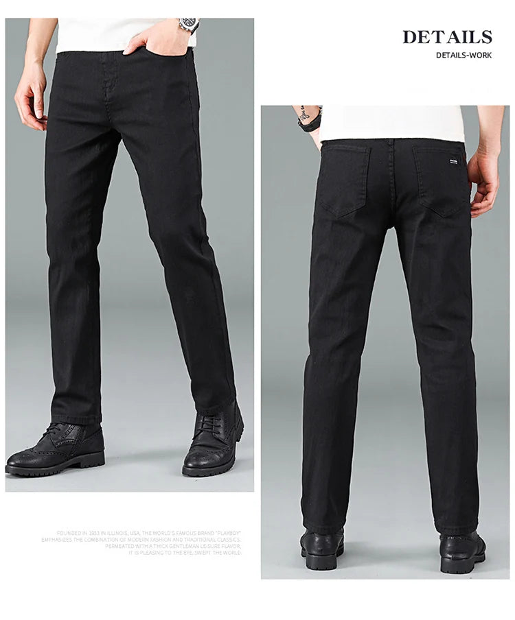 Men's pure black jeans Korean version trendy straight fit pants men's comfortable and elastic classic business jeans - KHOY