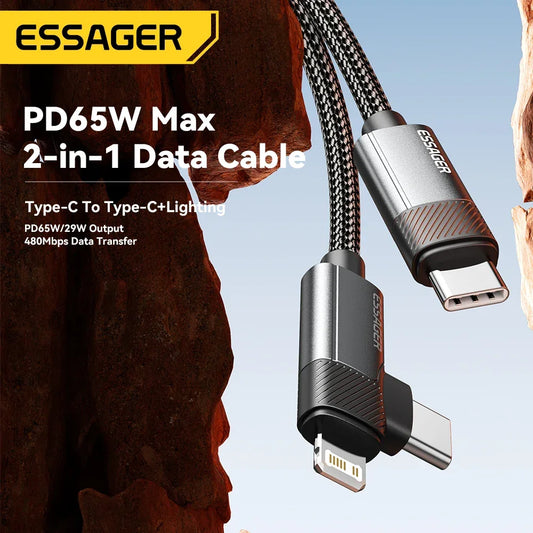 Essager 2-in-1 Right Angle Cable PD 65W 29W Fast Charging Elbow Data Cable For iPhone 15 14 13 MacBook Lenovo Asus Dell iPad Pro - KHOY