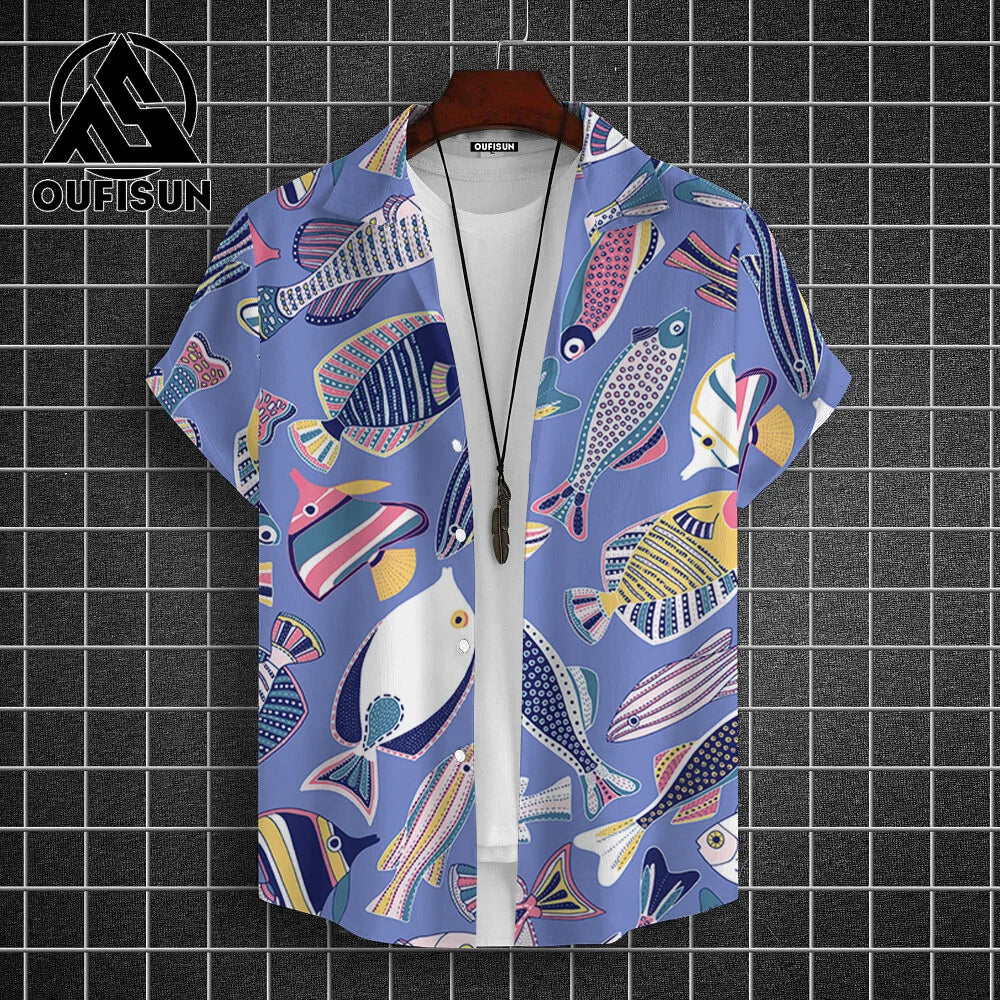 Hawaiian Shirt For Men Beach Casual Men's Short Sleeved Shirts New Cute Fish 3d Print Men's Shirt Oversized Men's Clothing 5xl - KHOY