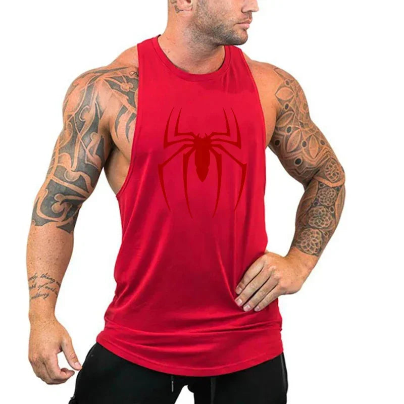 Red Spider Printed Running Tank Tops Gym Fitness Cotton Breathable Sleeveless T-Shirt Mens Bodybuilding Loose Training Clothing - KHOY
