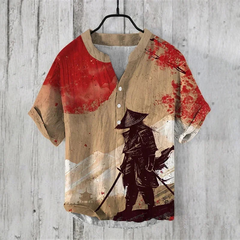 2024 Hawaiian Shirt Men's Stand Collar Short Sleeve Shirt Portrait 3D Printing Fashion Casual Bamboo Linen Top S-5XL - KHOY