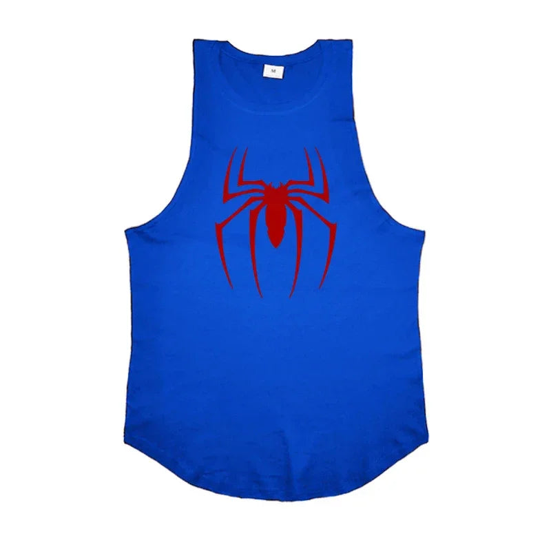 Red Spider Printed Running Tank Tops Gym Fitness Cotton Breathable Sleeveless T-Shirt Mens Bodybuilding Loose Training Clothing - KHOY
