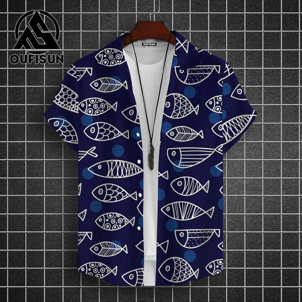 Hawaiian Shirt For Men Beach Casual Men's Short Sleeved Shirts New Cute Fish 3d Print Men's Shirt Oversized Men's Clothing 5xl - KHOY