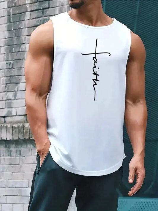 Summer Simple Letter Print Men's Round Neck Tank Top Gym Fitness Training Sports Vest Plus Size Man Sleeveless Shirt Casual Tees - KHOY