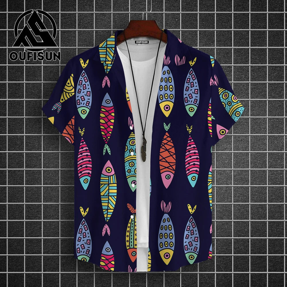 Hawaiian Shirt For Men Beach Casual Men's Short Sleeved Shirts New Cute Fish 3d Print Men's Shirt Oversized Men's Clothing 5xl - KHOY