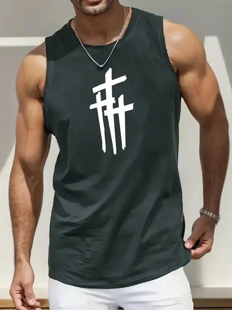 Summer Simple Letter Print Men's Round Neck Tank Top Gym Fitness Training Sports Vest Plus Size Man Sleeveless Shirt Casual Tees - KHOY