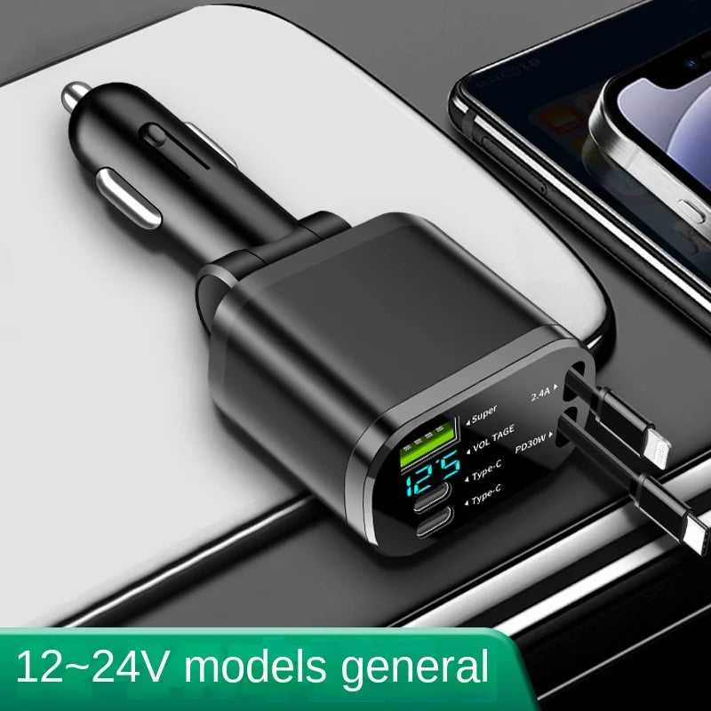 Car charger, car charger with retractable cable, car PD, car fast charging, super fast charging, flash charging, five in one cig - KHOY