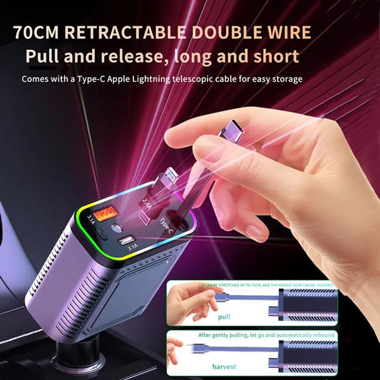 4 IN 1 Retractable Car Charger Mobile Phone USB PD Type C Cable For iPhone Fast Charge Cord Cigarette Lighter QC Adapter - KHOY