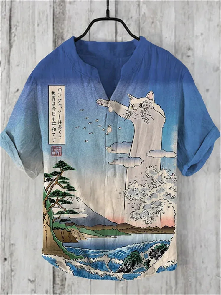 2024 Hawaiian Shirt Men's Stand Collar Short Sleeve Shirt Portrait 3D Printing Fashion Casual Bamboo Linen Top S-5XL - KHOY