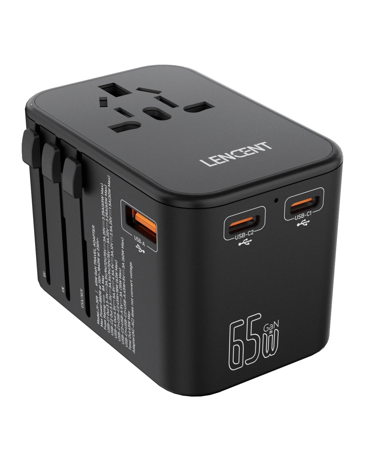LENCENT 65W/100W GaN International Travel Adapter with 2USB 3 Type C GaN Fast Charging Adapter with EU AU US UK Plug for Travel - KHOY