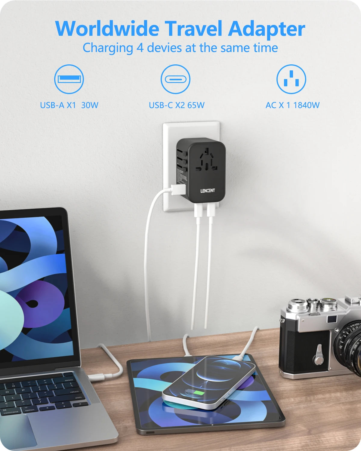 LENCENT 65W/100W GaN International Travel Adapter with 2USB 3 Type C GaN Fast Charging Adapter with EU AU US UK Plug for Travel - KHOY