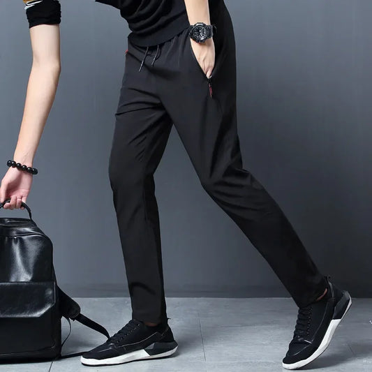 Men's Casual Pants Straight Slim Fit Elastic Waist Jogger Korean Classic Blue Black Gray Male Brand Trousers Plus Size - KHOY