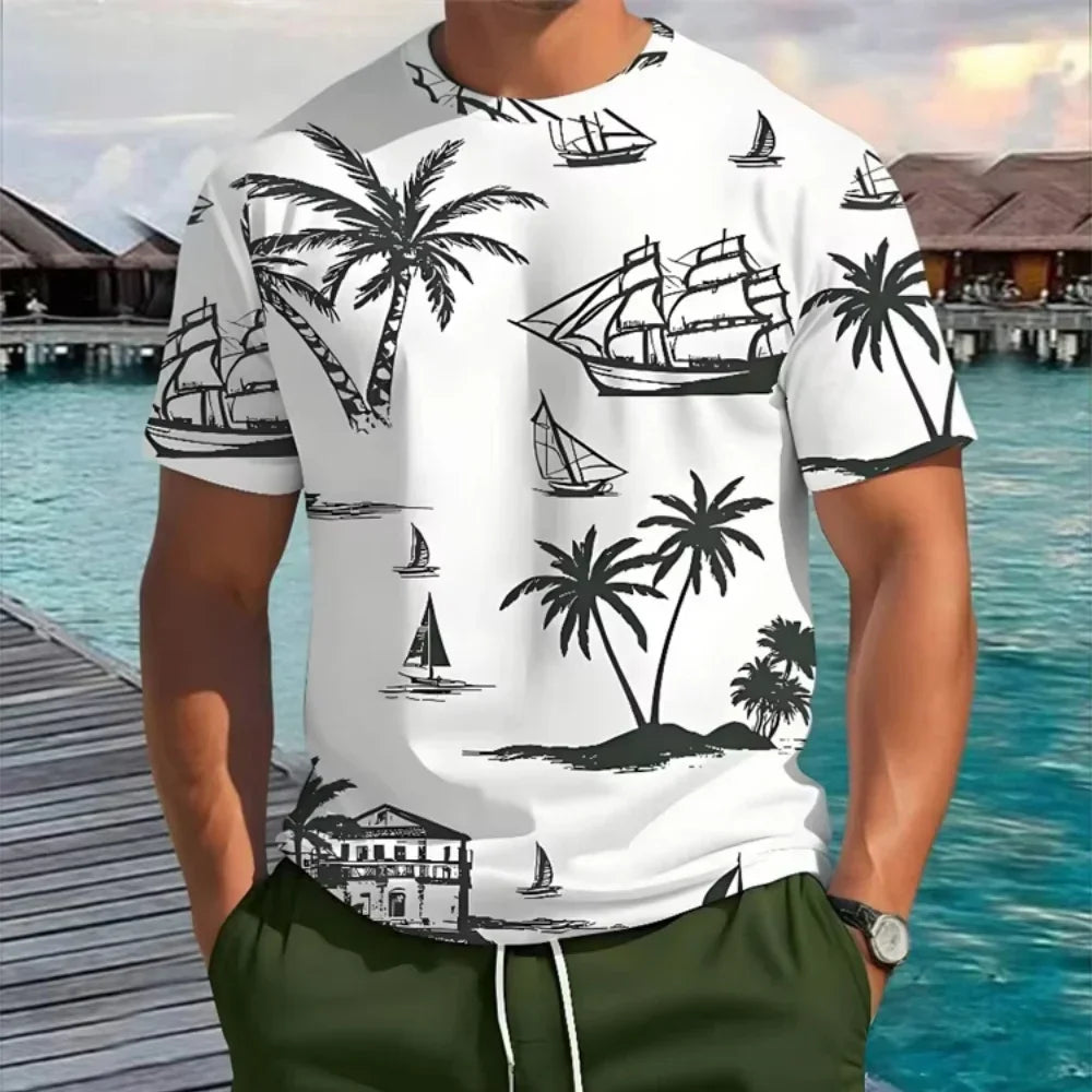 Hawaiian print T-shirt, summer unisex short-sleeved shirt, new round neck casual short-sleeved shirt, outdoor sportswear - KHOY