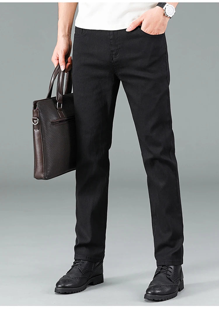 Men's pure black jeans Korean version trendy straight fit pants men's comfortable and elastic classic business jeans - KHOY