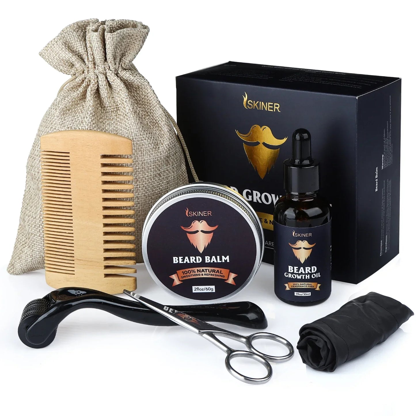 Beard Growth Kit For Men Barbe Hair Enhancerbeard Essential Oil Moisturizing Wax Growth Roller Comb Styling Scissors Beard Care - KHOY