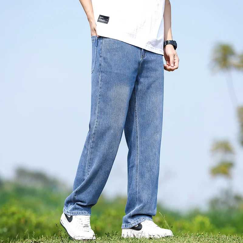 Men's Straight-Leg Jeans, Minimalist for All Seasons, Loose with Drape, Narrow-Wide Leg, Retro Casual Long Pants, Sizes 28-38 - KHOY